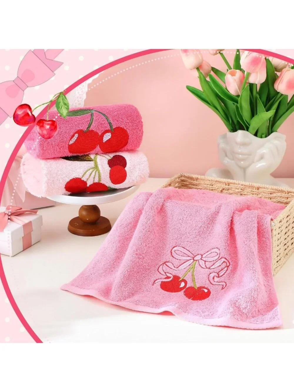 Set of 3 Cherry Hand Towels - Soft Cotton, Embroidered, Pink Bow, Spring Decor